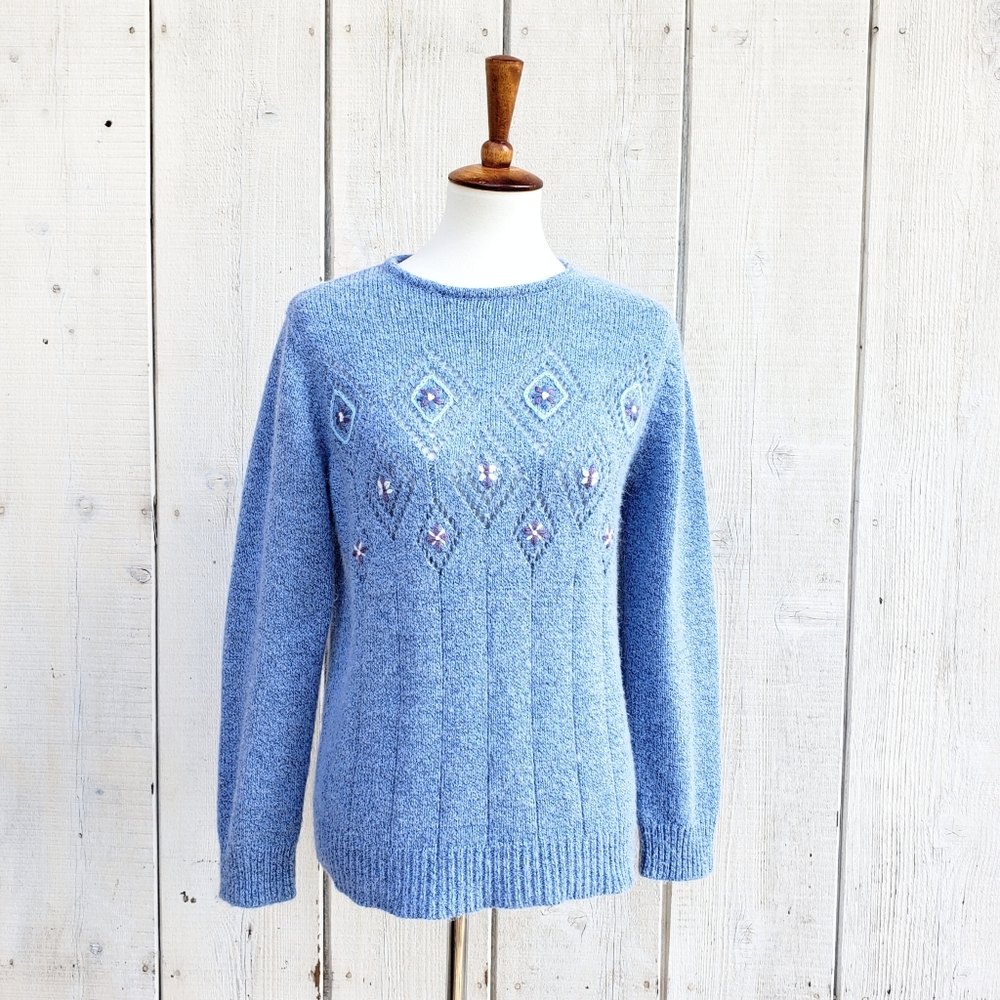 Vintage Damart Diamond Floral Pattern Blue Knit Sweater Size M 10 12